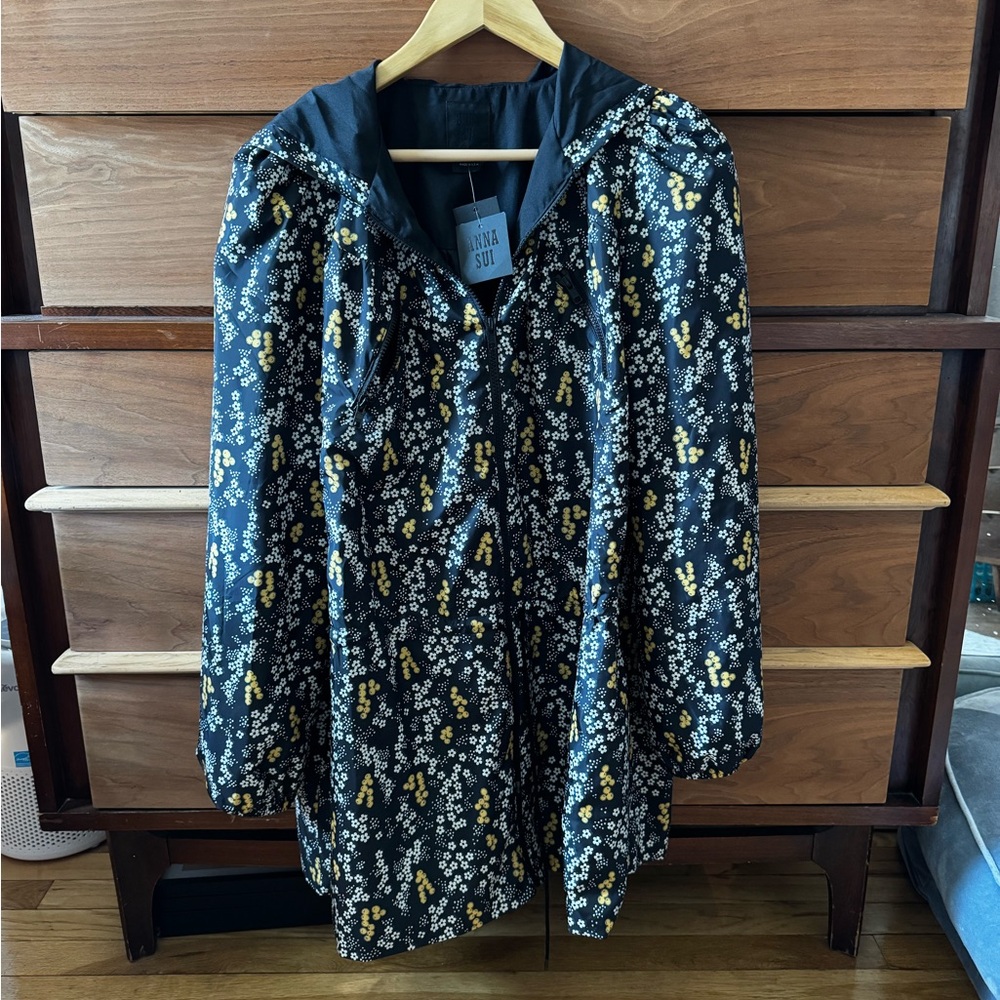 Anna Sui Black Hooded Floral Puffer Coat with Yellow & White Print
